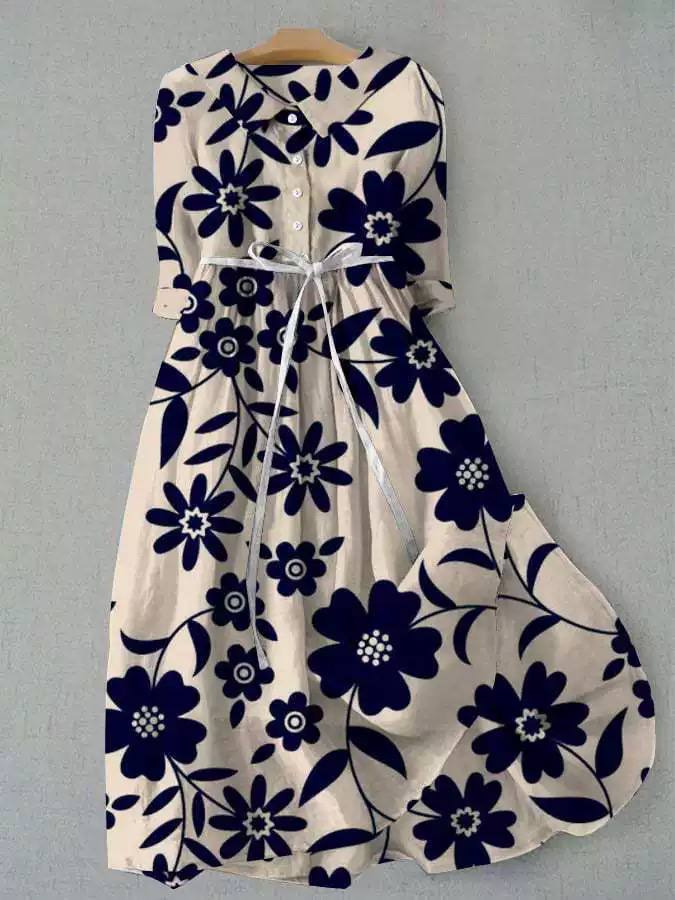 Lightweight Floral Belted Midi dress - Short Sleeve A-Line Dress with Waist Tie and Flared Hem