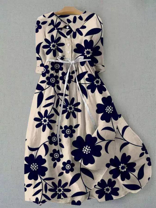 Lightweight Floral Belted Midi dress - Short Sleeve A-Line Dress with Waist Tie and Flared Hem