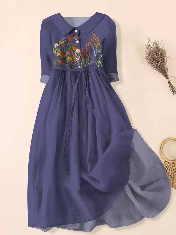 Floral Shirt Dress – Collared Button Front Midi Dress with Waist Tie