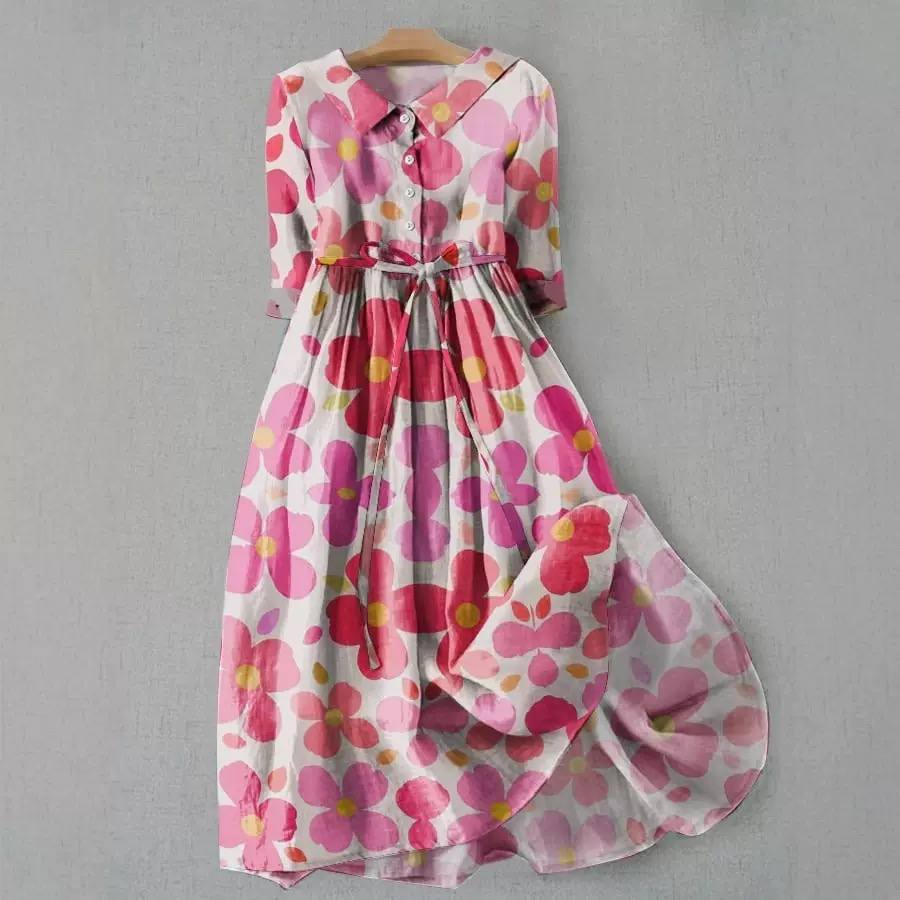 Floral Shirt Dress – Collared Button Front Midi Dress with Waist Tie