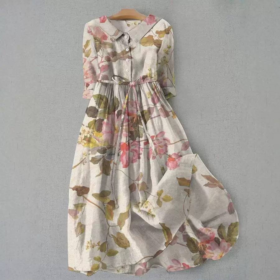 Floral Shirt Dress – Collared Button Front Midi Dress with Waist Tie