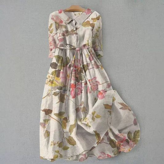 Floral Shirt Dress – Collared Button Front Midi Dress with Waist Tie