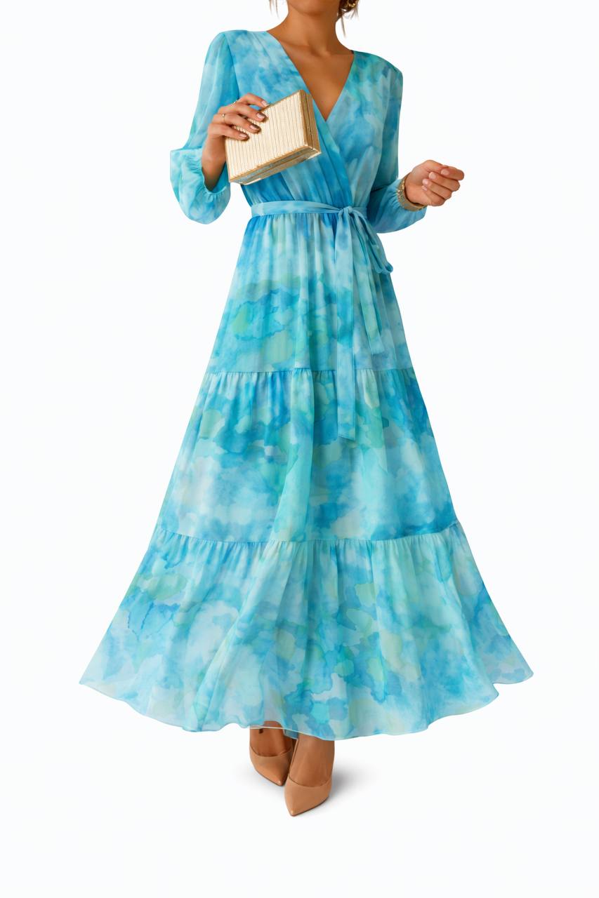 Floral V-Neck Maxi Dress – Long Sleeve Wrap Waist Dress with Tiered Flared Skirt