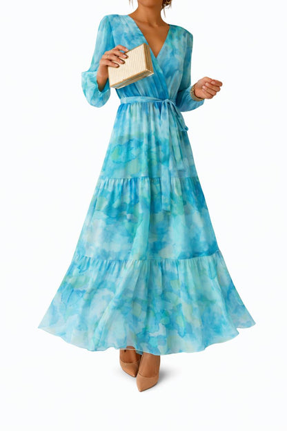 Floral V-Neck Maxi Dress – Long Sleeve Wrap Waist Dress with Tiered Flared Skirt