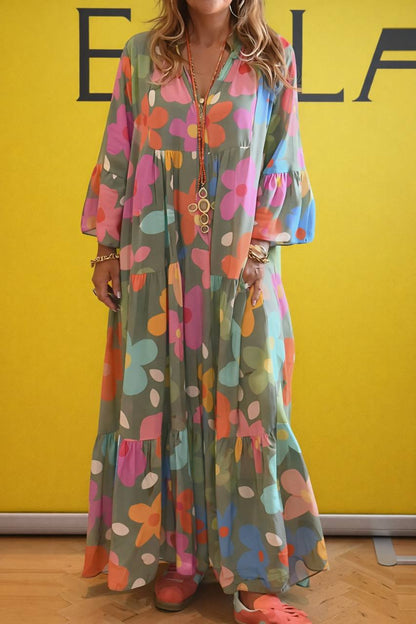 Floral Print Maxi Dress – Long Sleeve Loose Fit Dress with Tiered Skirt