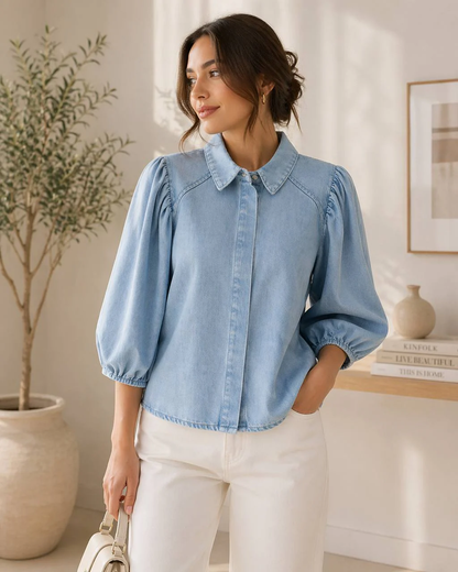 Denim Button Down Blouse – Long Sleeve Puff Shoulder Design