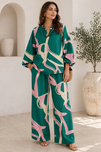 Abstract Two-Piece Set - Long Sleeve Loose Top & Trousers Co-Ord Set