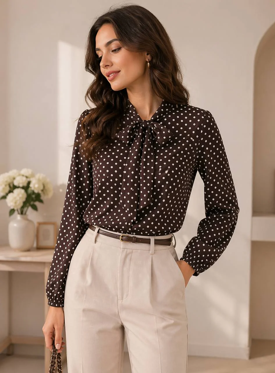 Polka Dot Bow Blouse – Long Sleeve Elegant Shirt