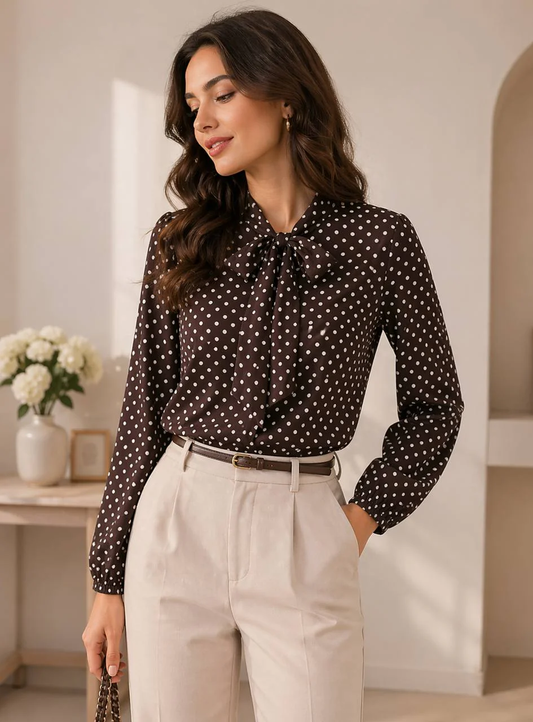 Polka Dot Bow Blouse – Long Sleeve Elegant Shirt