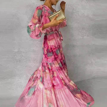 Floral V-Neck Maxi Dress – Long Sleeve Wrap Waist Dress with Tiered Flared Skirt
