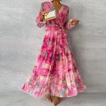 Floral V-Neck Maxi Dress – Long Sleeve Wrap Waist Dress with Tiered Flared Skirt