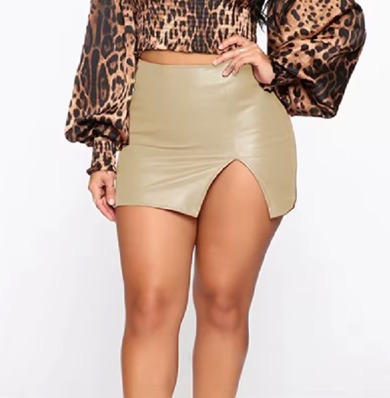 Faux Leather Mini Skirt – High-Waisted Ruched Side-Slit Skirt