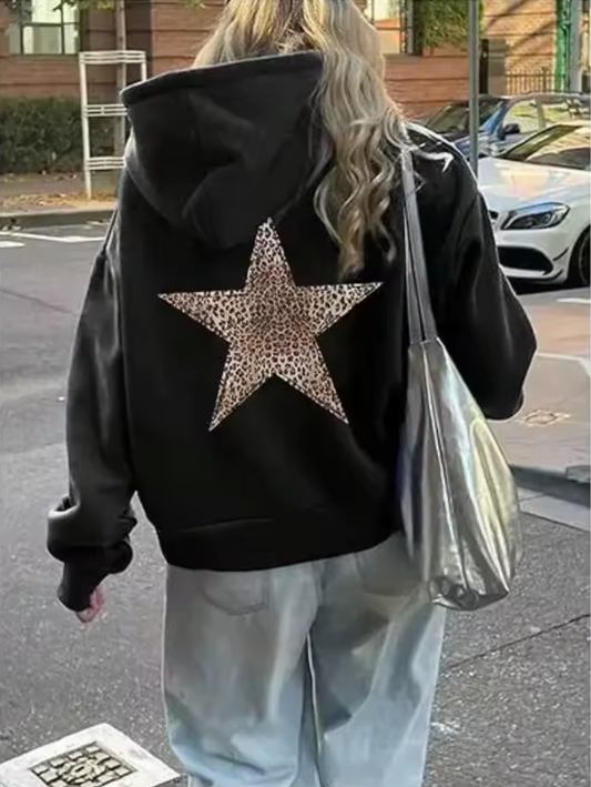 Leopard Star Oversized Hoodie – Casual Graphic Pullover Sweatshirt