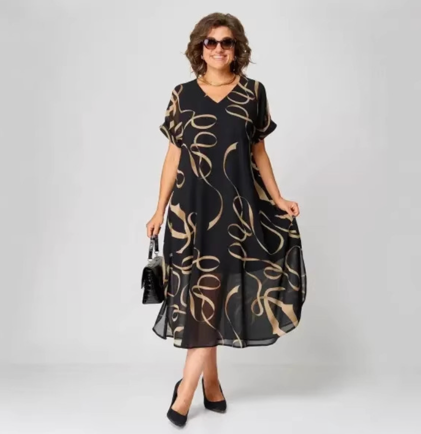 Black Abstract Print Midi Dress – Relaxed Fit Short Sleeve Summer Dress