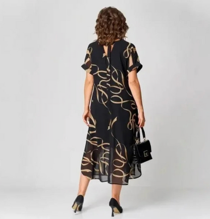 Black Abstract Print Midi Dress – Relaxed Fit Short Sleeve Summer Dress