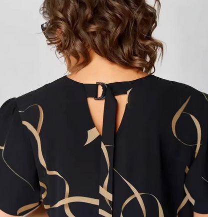 Black Abstract Print Midi Dress – Relaxed Fit Short Sleeve Summer Dress
