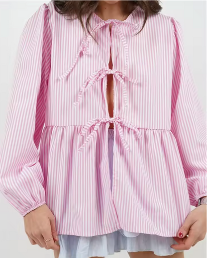 Striped Tie Front Blouse – Long Sleeve Peplum Top with Bow Details and Relaxed Fit