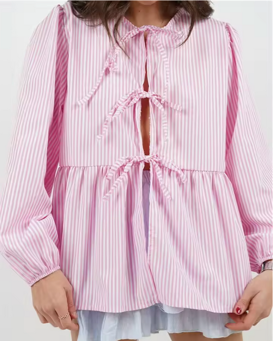 Striped Tie Front Blouse – Long Sleeve Peplum Top with Bow Details and Relaxed Fit
