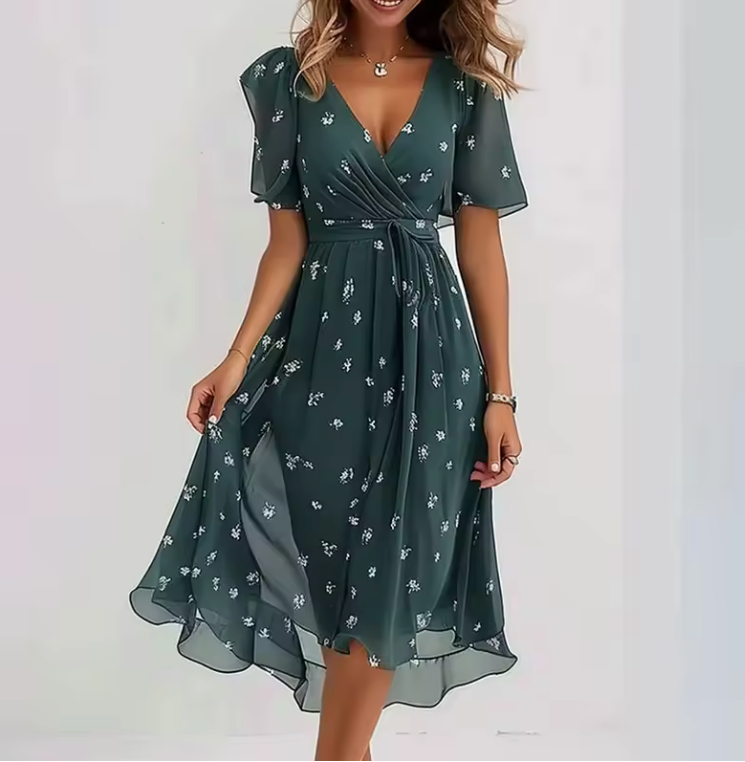 Floral Wrap Midi Dress – V-Neck Short Sleeve Dress with Tie Waist and Flowy Skirt