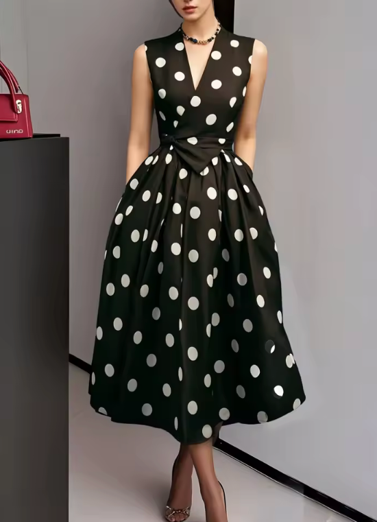 Polka Dot Midi Dress – Flare Dress with Cinched Waist and Flowy Skirt