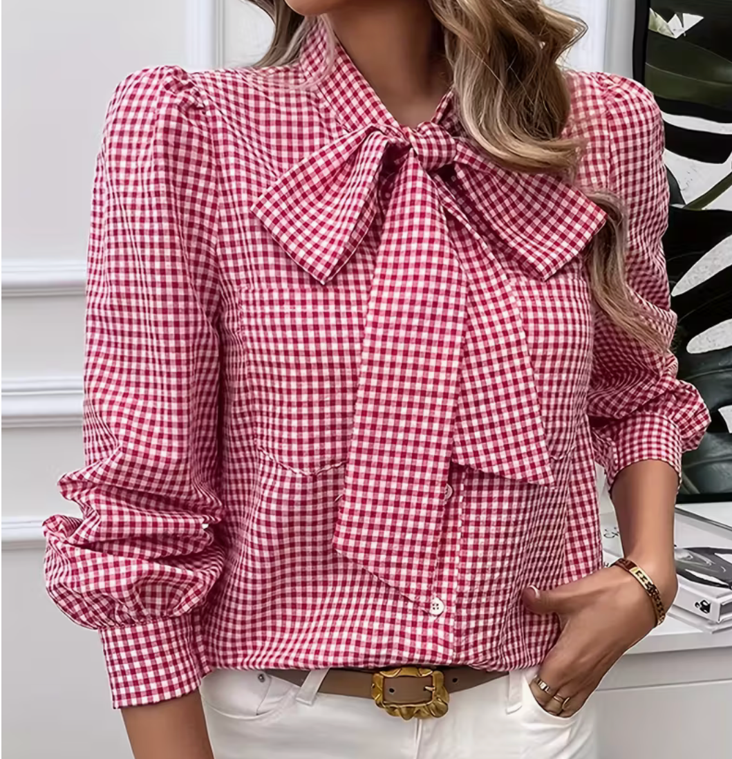 Gingham Bow Blouse – Long Sleeve Button Front Shirt