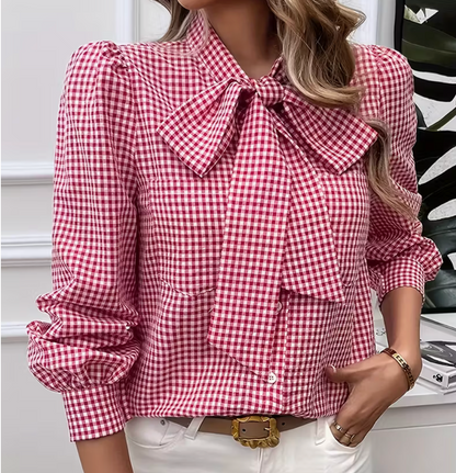 Gingham Bow Blouse – Long Sleeve Button Front Shirt