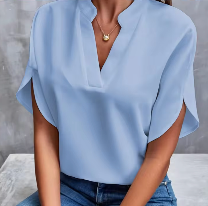Chiffon V Neck Blouse - Split Sleeve Relaxed Fit Top