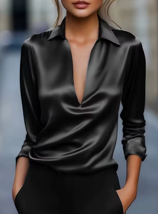 Satin Long Sleeve Blouse – V-Neck Draped Shirt