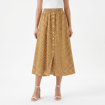 High Waisted A-Line Midi Skirt – Floral Print Button Front Skirt with Elastic Waist