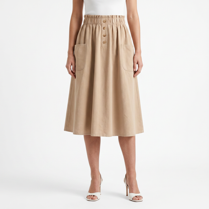 High Waisted Button Front Midi Skirt – Elastic Waist A-Line Skirt with Patch Pockets