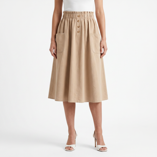 High Waisted Button Front Midi Skirt – Elastic Waist A-Line Skirt with Patch Pockets
