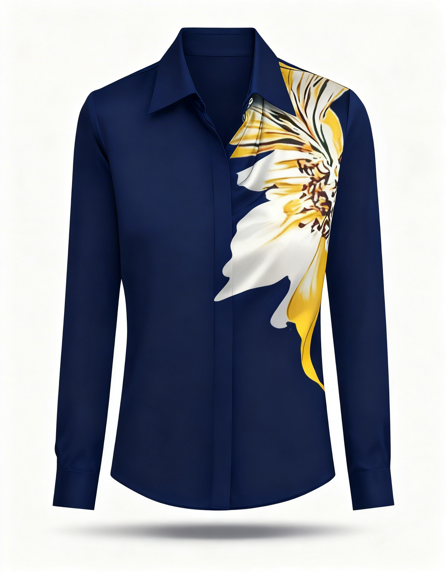 Floral Print Long Sleeve Blouse – Collared V-Neck Top with Draped Front Detail