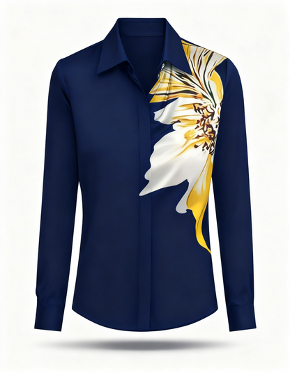 Floral Print Long Sleeve Blouse – Collared V-Neck Top with Draped Front Detail