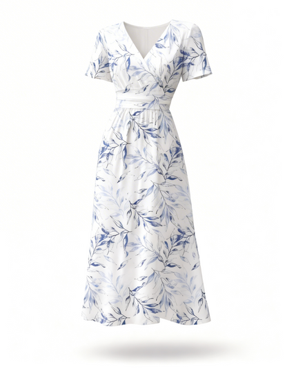 Floral Midi Dress – Short Sleeve A-Line Dress with Waist Tie and Flared Skirt
