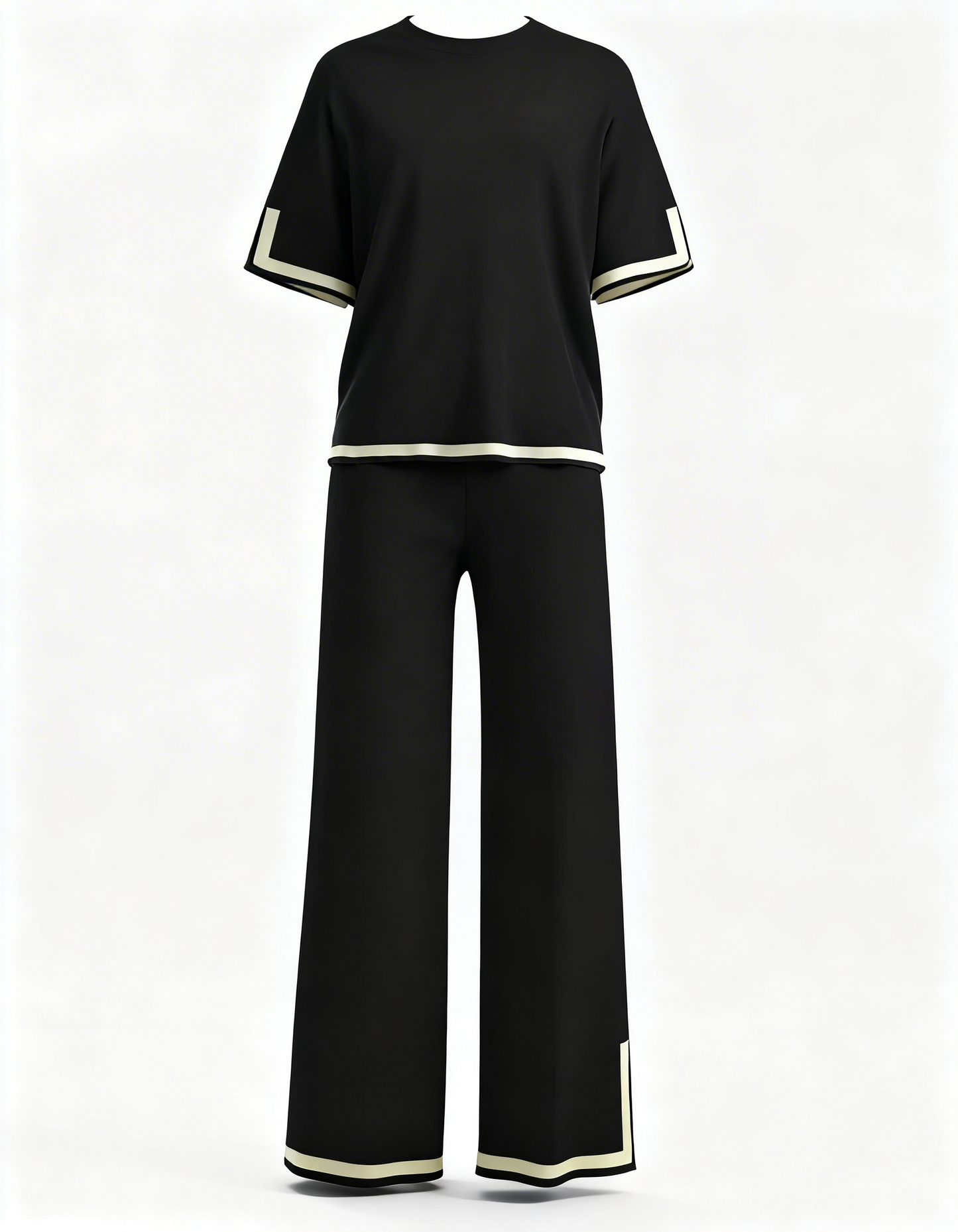 Two Piece Lounge Set – Short Sleeve Top and Wide Leg Trousers with Contrast Trim