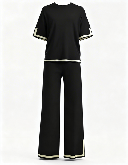 Two Piece Lounge Set – Short Sleeve Top and Wide Leg Trousers with Contrast Trim
