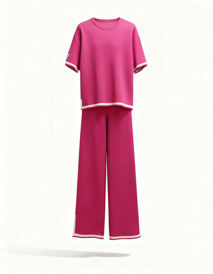 Two Piece Lounge Set – Short Sleeve Top and Wide Leg Trousers with Contrast Trim
