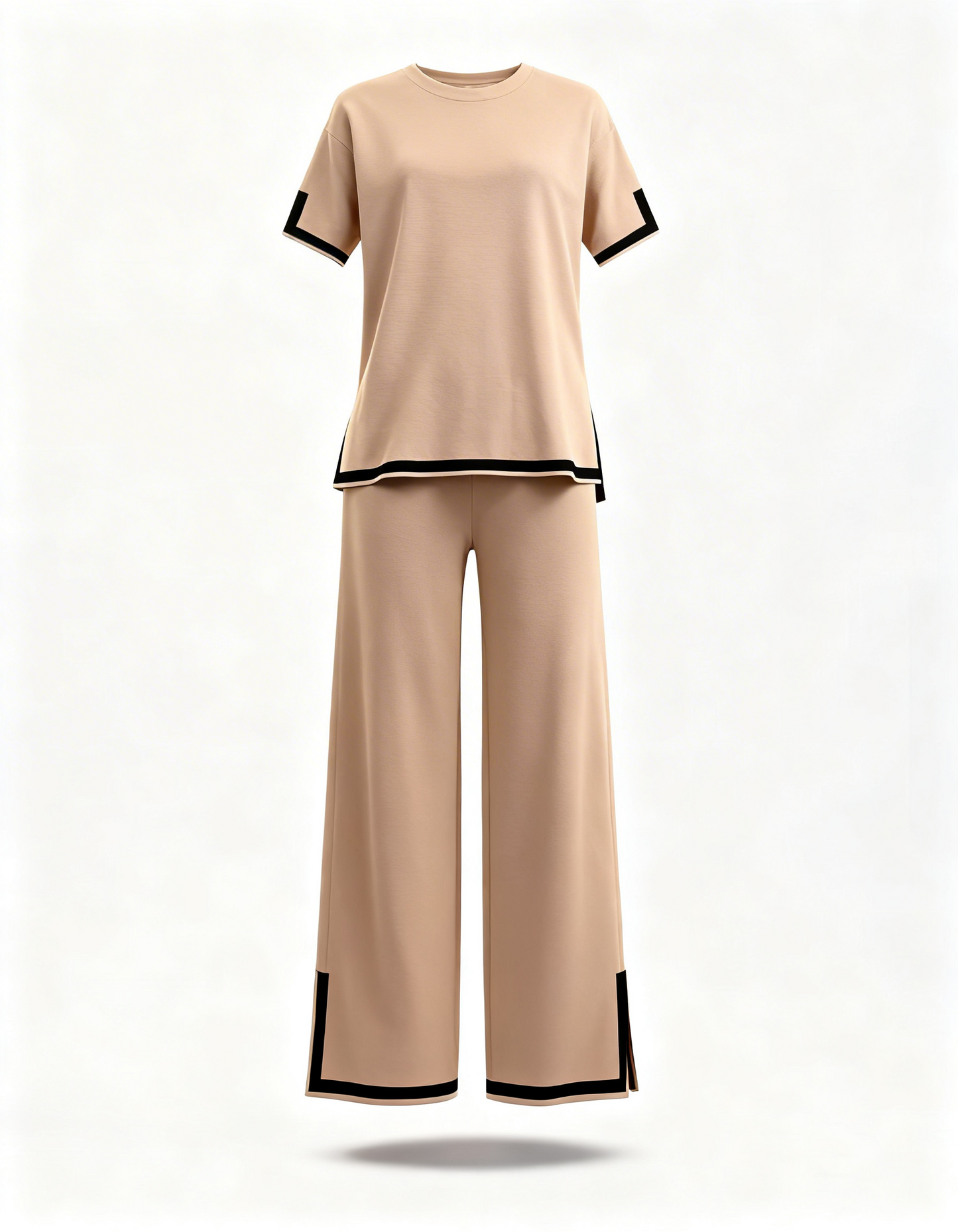 Two Piece Lounge Set – Short Sleeve Top and Wide Leg Trousers with Contrast Trim